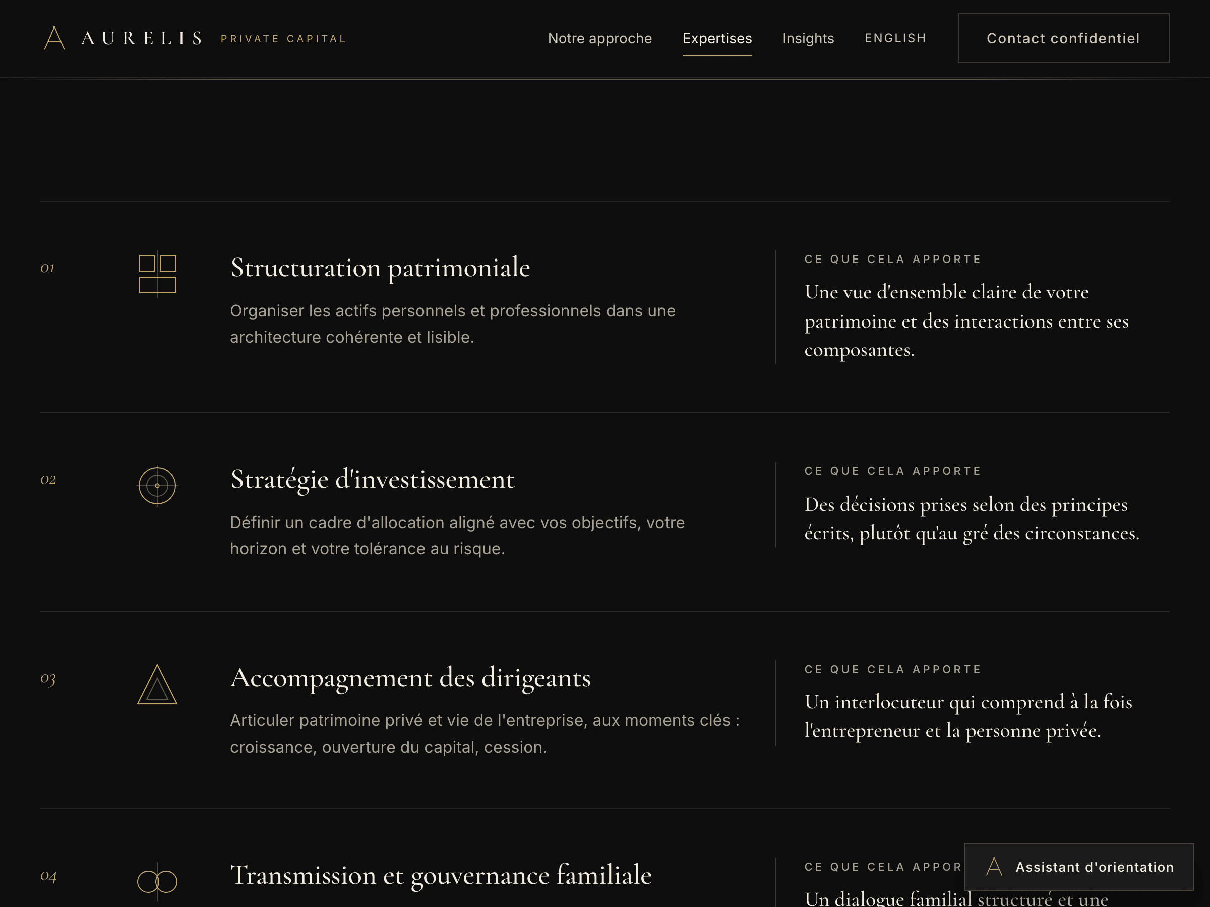 Page Expertises : quatre domaines présentés avec leur bénéfice, sans conseil financier