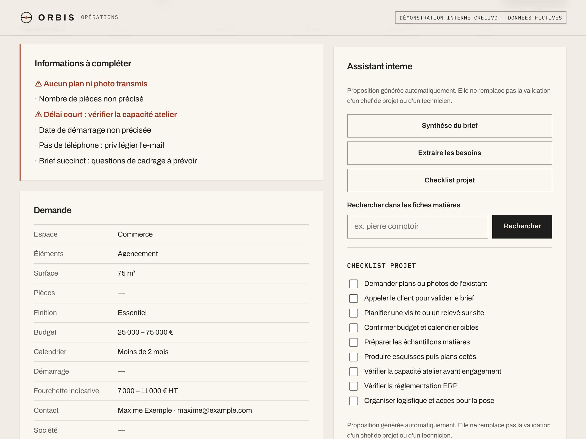 Fiche projet : informations manquantes et checklist générée par l'assistant interne