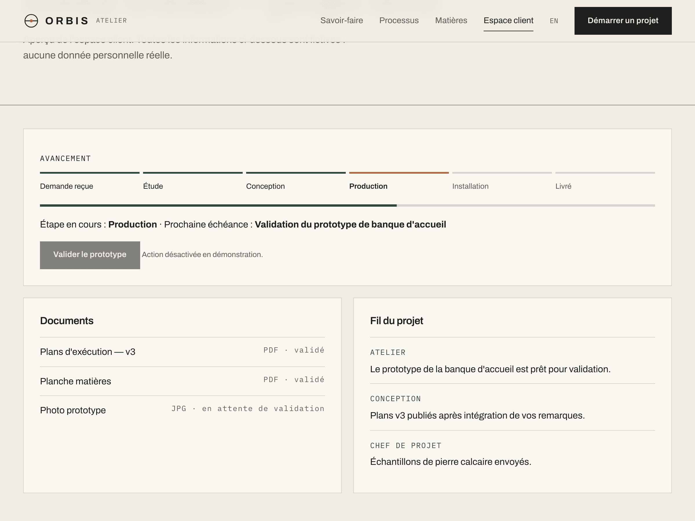 Espace client de démonstration : suivi des étapes d'un projet fictif