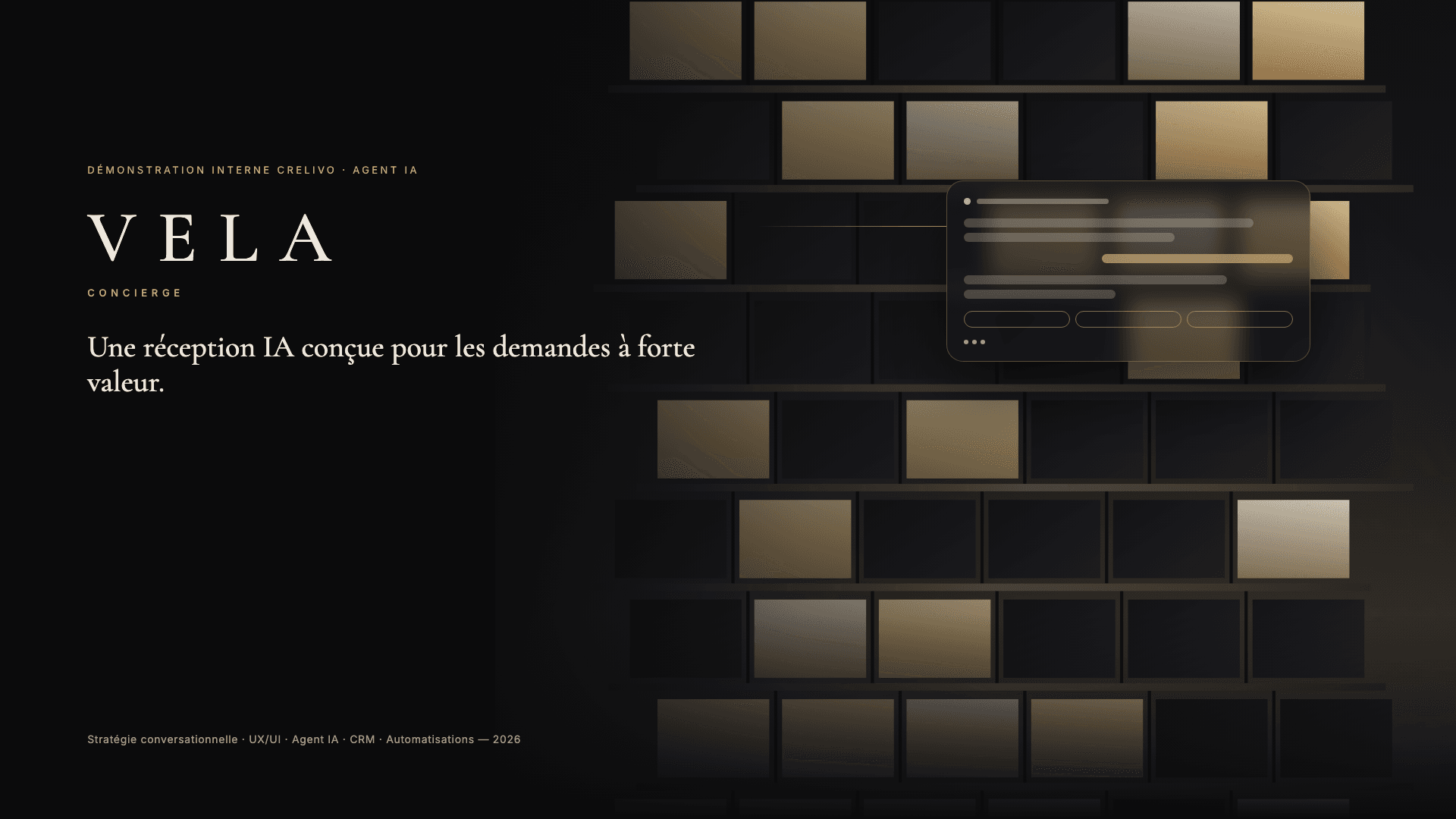 VELA Concierge — façade contemporaine au crépuscule et interface conversationnelle abstraite (démonstration interne CRELIVO)
